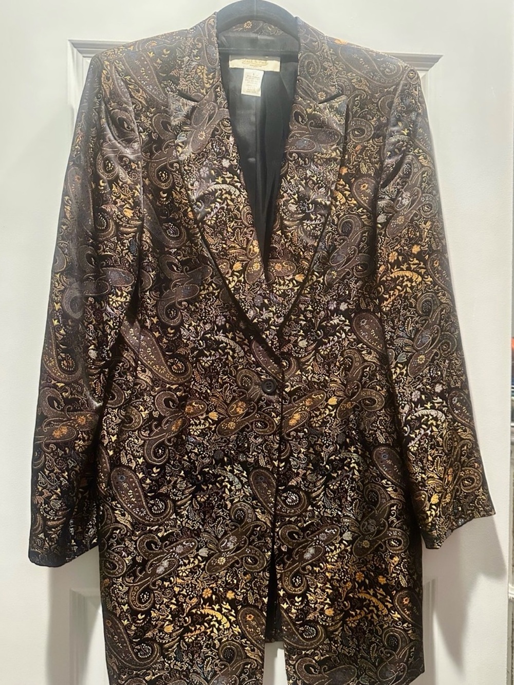 Vintage-Paisley Jacquard Long Blazer-Fully Lined - Brown/Gold-Formal/Dressy